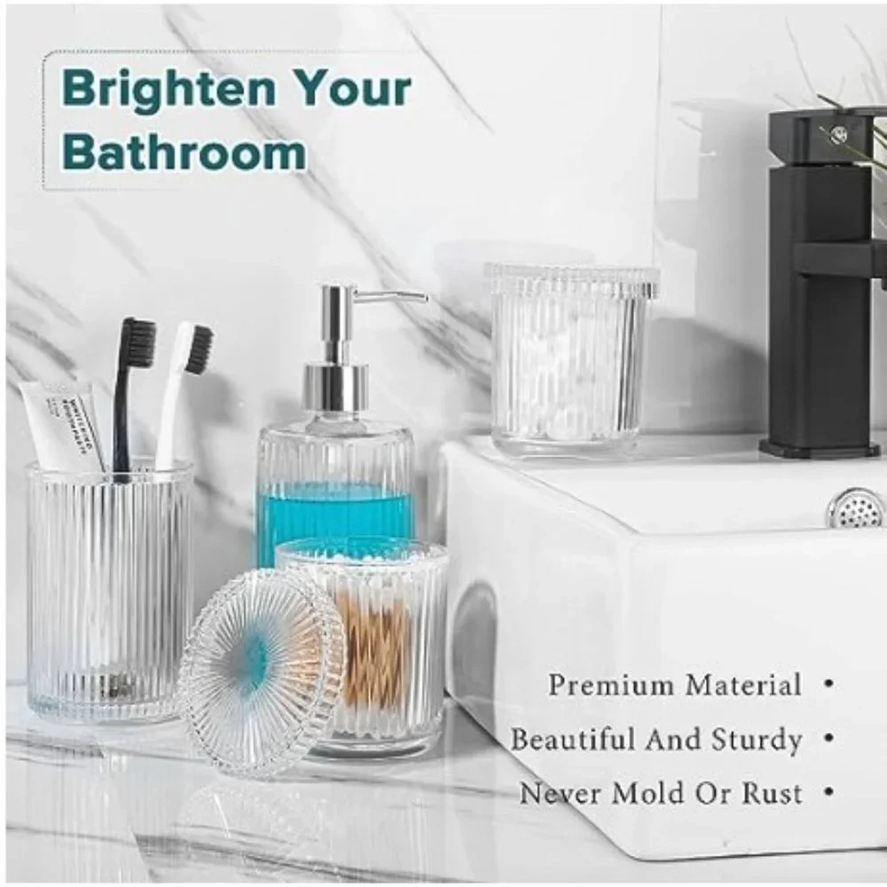 4 pc - Ribbed Glass Bathroom Accessory Set  (Clear)
